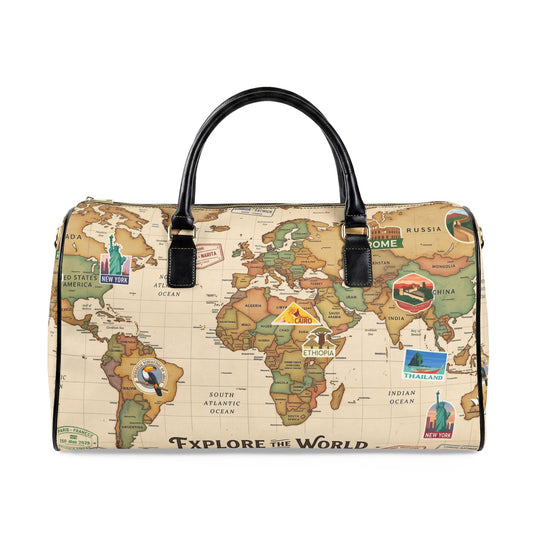 Vintage World Map Faux Leather Travel Duffel — "Explore the World" Weekend Bag