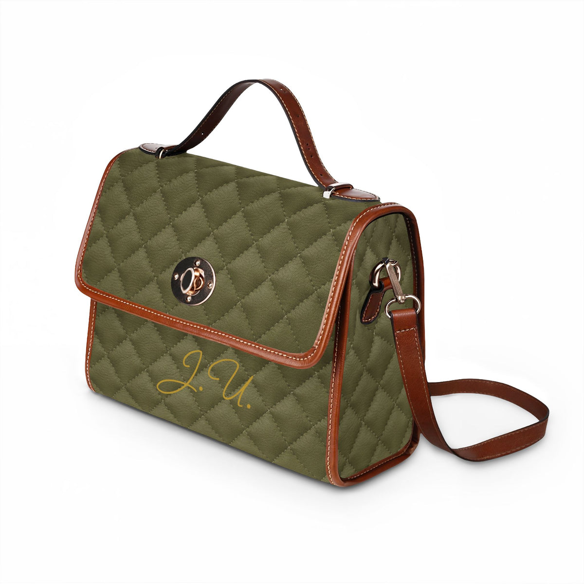 Personalized Quilted Olive Waterproof Canvas Satchel