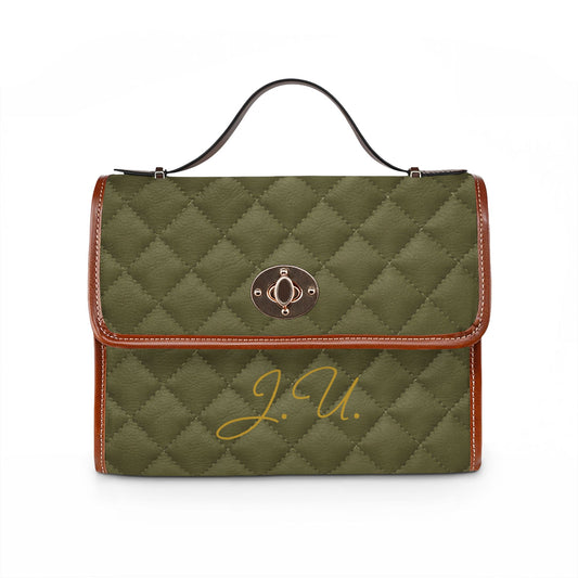 Quilted Olive Waterproof Canvas Bag – Personalized Monogram Shoulder Satchel